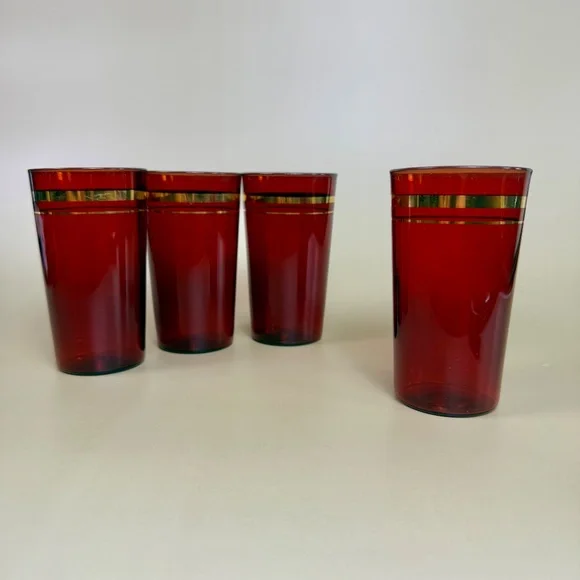 Vintage Ruby Red Glass Tumblers with Gold Design – Set of 4 - Picture 4 of 16